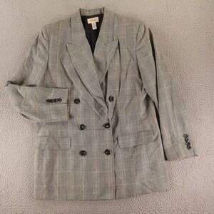 VTG Talbots Jacket Womens 14 Gray Glen Check Linen USA Double Breasted Blazer